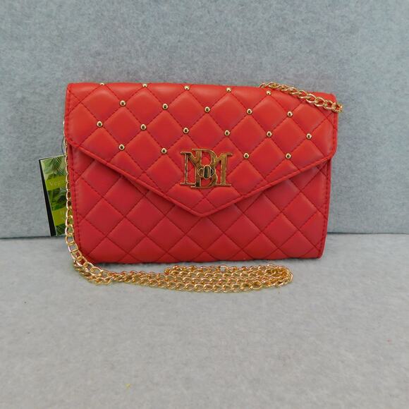 Badgley Mischka Red Diamond Quilted  Round Studs Crossbody Bag Vegan Leather - Picture 6 of 9
